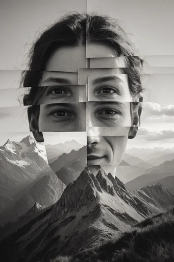 Fragmented Monochrome Surrealism style reference image — glitch art aesthetic
