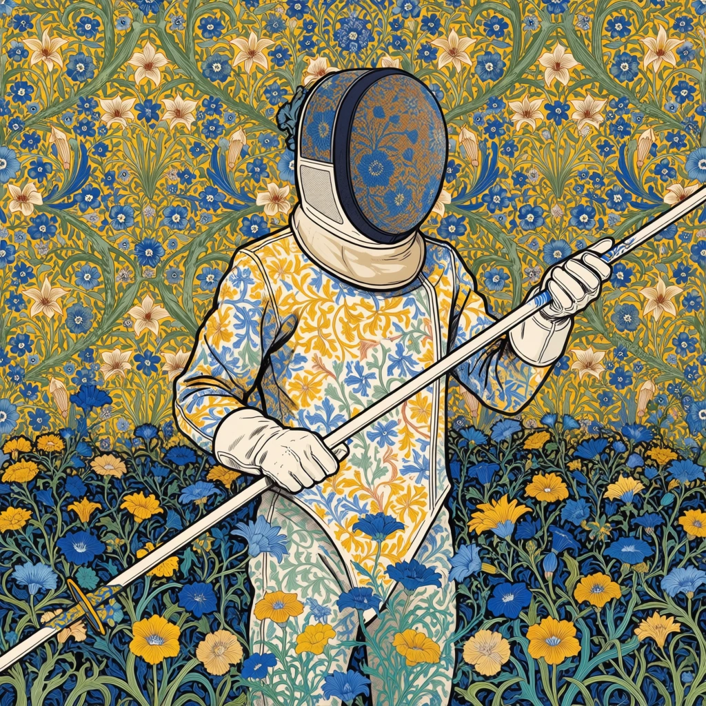 maximalist botanical illustration, intricate william morris millefleur patterns, man in structured protective gear and a domed helmet holding a long pole outdoors, partially obscured by sweeping calligraphic curved streaks and kinetic ribbons, sharp ligne claire black outlines, flat saturated color fills in mustard yellow and deep cobalt, hyper-detailed psychedelic arts and crafts aesthetic, horror vacui composition, dense stippled textures, vibrant kaleidoscopic foliage