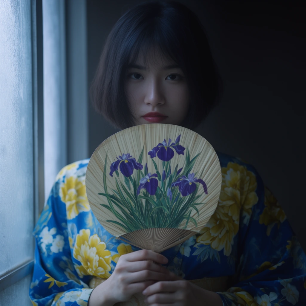 A portrait of a young Asian woman with a dark bob hairstyle standing beside a frosted glass window. She wears a vibrant blue kimono patterned with large yellow and white flowers. Both hands hold a round bamboo fan decorated with painted purple irises, positioning it just below her face. Soft, diffused cool daylight from the left creates a moody atmosphere, casting gentle shadows across her features. The dark background contrasts with the rich blue and yellow tones of her attire and the detailed green foliage on the fan.