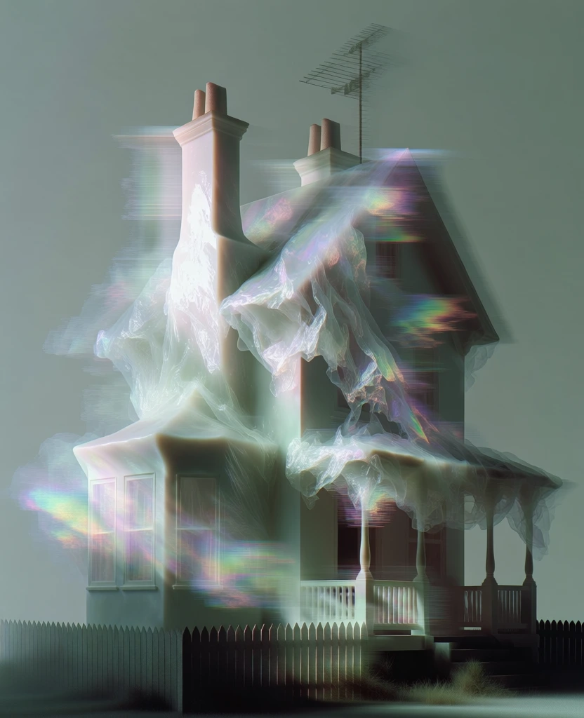 tall crooked house with two chimneys, an antenna, and a porch behind a picket fence, horizontal time-smeared motion blur, translucent milky-white architectural forms, crinkled iridescent plastic film overlays, soft diffused sage-green studio lighting, subtle prismatic chromatic aberration, ghostly trail effects, subsurface scattering, high-key muted grey-green background, clinical surrealism, hauntological atmosphere, digital slit-scan distortion, pearlescent highlights, ethereal haze