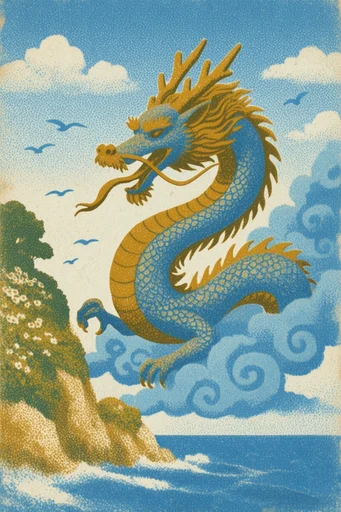 Vintage Lithographic Surrealism style reference image — tri-tone color palette