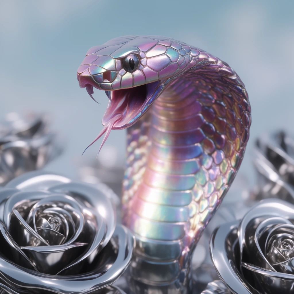 iridescent metallic king cobra, flared hood and open mouth, emerging from reflective chrome roses, holographic pink and purple textures, smooth highly polished metal surfaces, shallow depth of field, blurred light blue background, surreal 3D digital render, ethereal studio lighting, macro perspective
