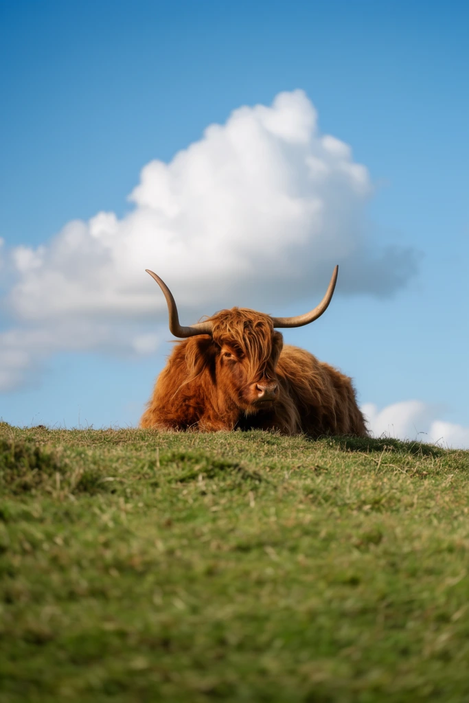 A shaggy auburn Highland cow with long curved horns rests atop a grassy ridge. Softly blurred green foreground grass gives way to the resting animal, framed by a bright blue sky and a prominent fluffy cumulus cloud in crisp natural sunlight.