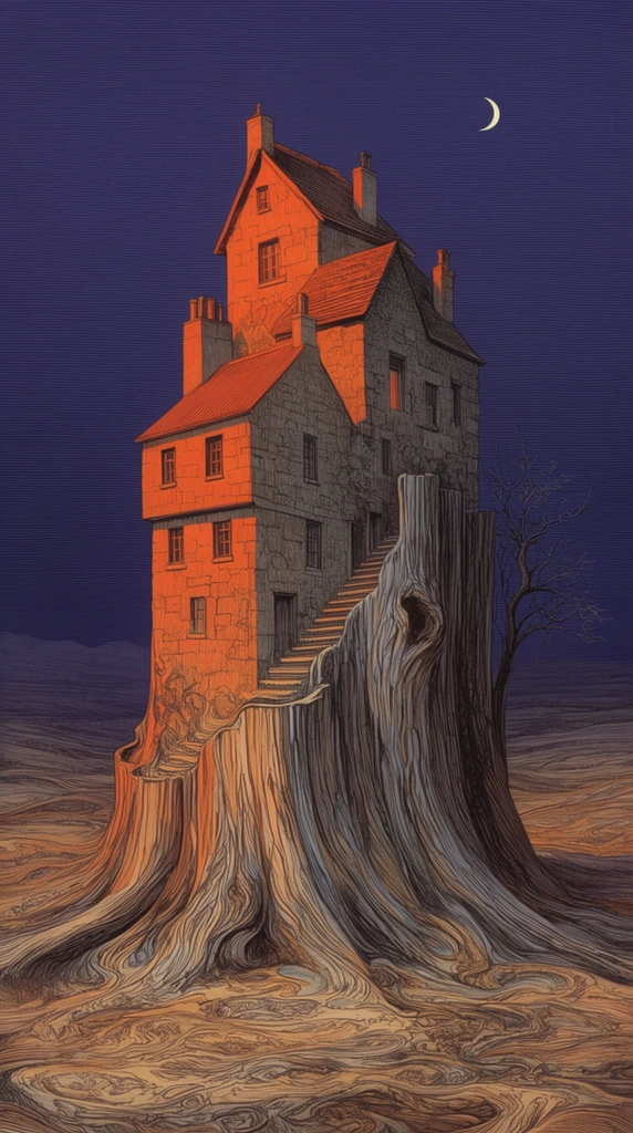 Surreal towering stone houses integrated into a massive striated tree stump, intricate woodcut engraving style, fine parallel linework, vibrant orange illumination contrasting a deep indigo night sky, flowing organic textures merging with a swirling barren landscape, carved staircase, pitched roofs, lone bare tree, tiny crescent moon