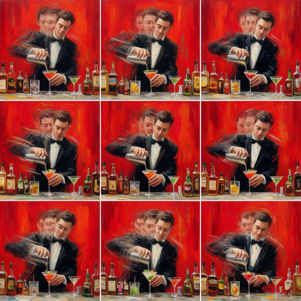 3x3 grid painting, bartender in black tuxedo and bowtie, vigorous kinetic motion effect, multiple overlapping arms and faces simulating rapid movement, mixing a cocktail, bar counter foreground, assorted liquor bottles and cocktail glasses, vibrant textured red background, vertical expressionist brushstrokes, dynamic energy, thick impasto paint