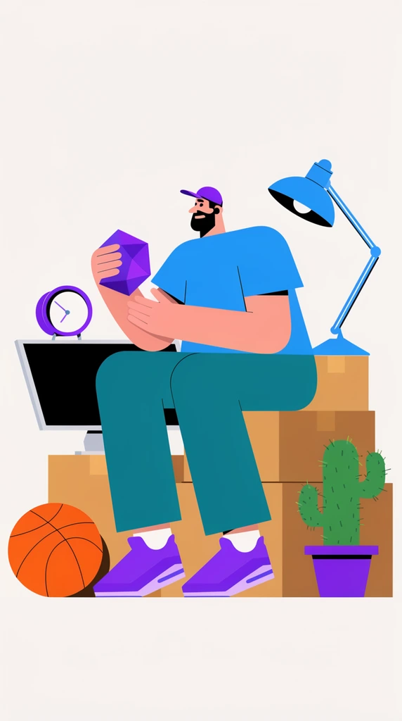 A flat vector illustration of a bearded man sitting on stacked cardboard boxes against a minimalist off-white background. The figure features exaggerated bodily proportions and wears a purple cap, blue t-shirt, teal trousers, and purple sneakers while holding a geometric purple object. Surrounding the boxes are stylized household items including an orange basketball, a black computer monitor topped with a purple clock, a potted green cactus, and a blue desk lamp. The artwork relies on vibrant solid color blocking, crisp edges, and flat unshaded surfaces.