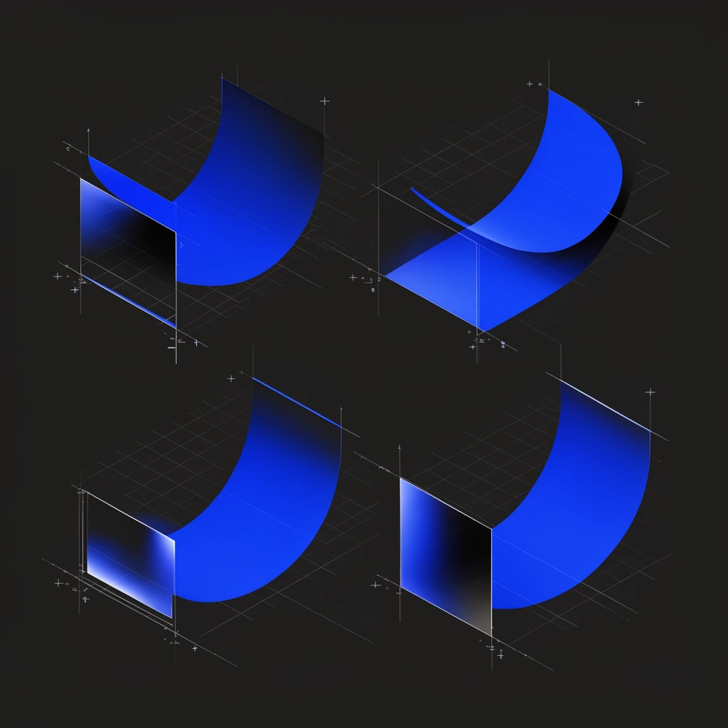 Isometric dark presentation layout, vibrant electric blue curved geometric shapes, technical drafting grids with structural markers, glowing rectangular accent panels, charcoal background