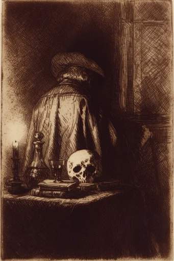 Monochromatic Symbolist Noir style reference image — charcoal and sepia texture