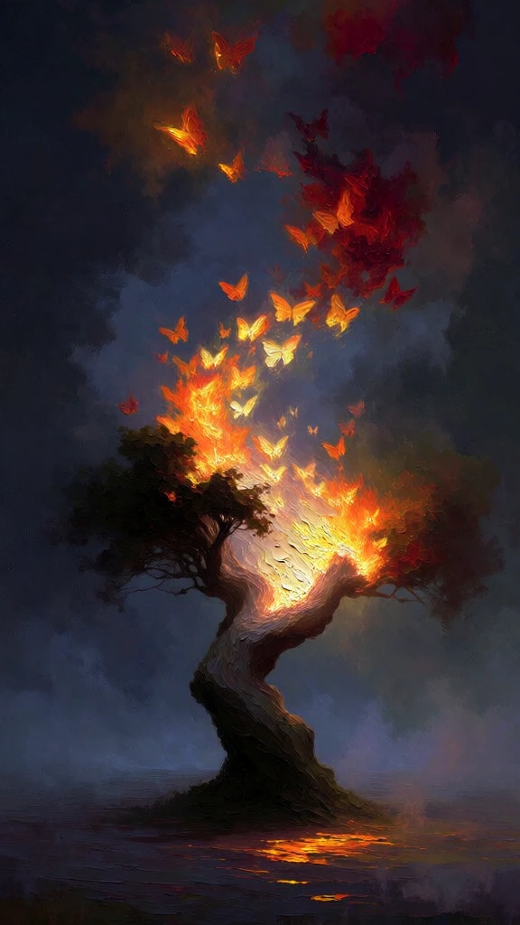 a gnarled central tree standing in a dark tenebrous landscape, erupting with a dense column of luminescent orange butterflies spiraling upward like flickering embers, heavy impasto digital painting style with visible thick brushwork, dramatic chiaroscuro lighting, deep indigo and charcoal atmospheric void, incandescent yellow-orange glow casting warm light onto the bark and misty ground, ethereal surrealism, moody and heavily textured, high-contrast low-key color palette