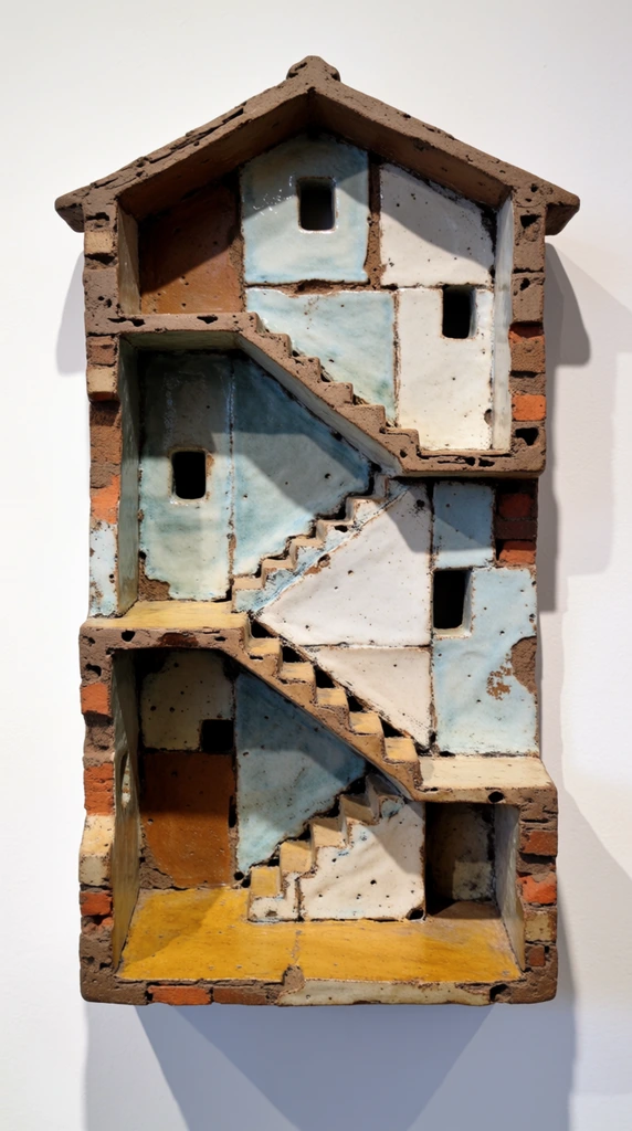 wall-mounted ceramic relief sculpture, multi-story house architectural cross-section, distressed clay surface, rough exposed brick textures, diagonal staircases, pale blue and white glazed panels, ochre yellow floor, small hollow window cutouts, weathered pitted finish, earthy brown roofline silhouette, soft shadow on a white wall