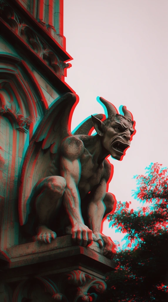 A winged stone gargoyle crouches on a building cornice against a flat pale sky. The weathered statue features a muscular humanoid physique, prominent horns, and a snarling expression. Heavy red and cyan chromatic aberration borders every edge, mimicking a retro stereoscopic 3D anaglyph effect. The low-angle composition highlights the gothic architecture on the left and silhouetted foliage on the lower right, contrasting the classical stonework with the bold visual artifacting.