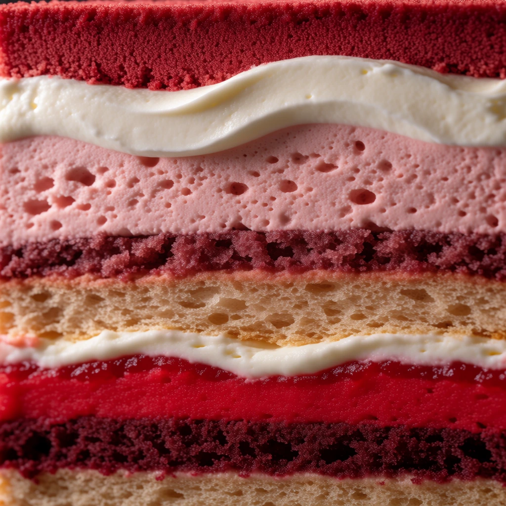 A vertical, extreme macro cross-section of a multi-layered cake displays a variety of textures including sponge, mousse, and cream in shades of red, pink, tan, and white. The topmost section consists of a thick, uniform layer of fine, deep red crumbs with a velvety, granular appearance. Beneath this is a prominent, wavy band of smooth, off-white cream frosting that shows subtle highlights and shadows along its curved edges. A layer of porous, light pink mousse follows, characterized by numerous small, irregular air bubbles throughout its structure. A thinner layer of dark maroon, granular sponge cake sits directly below the pink mousse. Continuing downward, a layer of light tan sponge cake with an aerated, bread-like texture is visible. A thin, undulating white cream layer is sandwiched between the tan sponge and a vibrant, solid red layer that has a dense, slightly jam-like appearance. Underneath this bright red layer is another section of the dark maroon sponge cake, and a final hint of the light tan sponge appears at the very bottom edge of the frame. The shot is tightly framed with a side-view perspective, filling the entire image with the repetitive horizontal patterns of the dessert. Soft, directional lighting from the left side emphasizes the distinct textures of each layer, from the crumbly sponge to the silky cream.