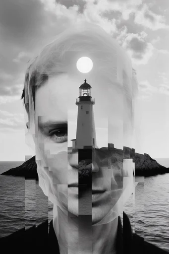 Kinetic Monochrome Distortion style reference image — fragmented identity