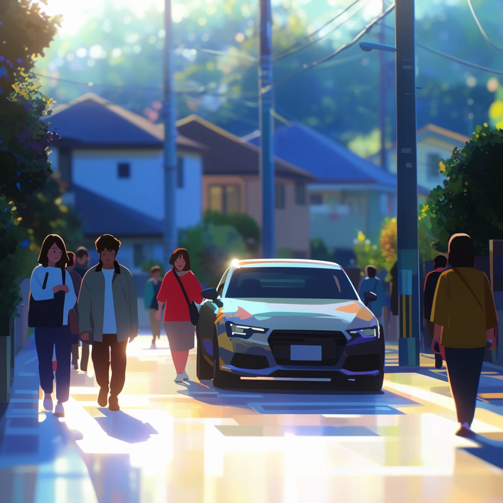 A vibrant, anime-style 2D digital illustration of a sunlit street scene featuring several people walking, a sleek car, utility poles, and houses. The pedestrians walk along the street, rendered with pristine, cel-shaded color blocking and smooth, untextured flat shading. A stylized car rests on the road, its exterior catching bright, glossy highlights and clean reflections. Tall utility poles and crisscrossing overhead wires frame the midground, standing before a row of geometric suburban houses. Strong, directional cinematic sunlight floods the environment, casting crisp, sharp-edged geometric shadows across the luminous, highly reflective street surface. The lighting creates an extreme, dramatic contrast between blown-out, glowing white highlights and deep, cool blue-tinted shadows. The highly saturated color palette is dominated by rich blues, warm golden sunlit tones, and bold localized colors. A shallow depth of field keeps the foreground pedestrians and car in crisp focus while the distant houses and background foliage dissolve into a soft, dreamy atmospheric blur with a luminous bokeh effect, evoking a polished, contemporary Japanese animation aesthetic.