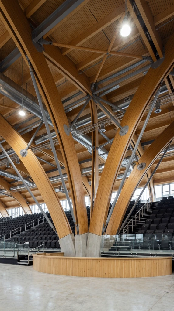 A sweeping architectural view of a modern indoor arena defined by massive curved wooden arches converging at a concrete floor base. The warm-toned timber beams are supported by angled grey steel tension rods. An expansive vaulted ceiling exposes wooden purlins, metallic HVAC ducts, structural cross-bracing, and suspended bright light fixtures. Below, tiered rows of black stadium seating rise behind glass safety barriers and metal handrails. A curved wooden counter grounds the foreground. The wide-angle composition emphasizes the grand scale, contrasting the organic wood grain with industrial steel framing.