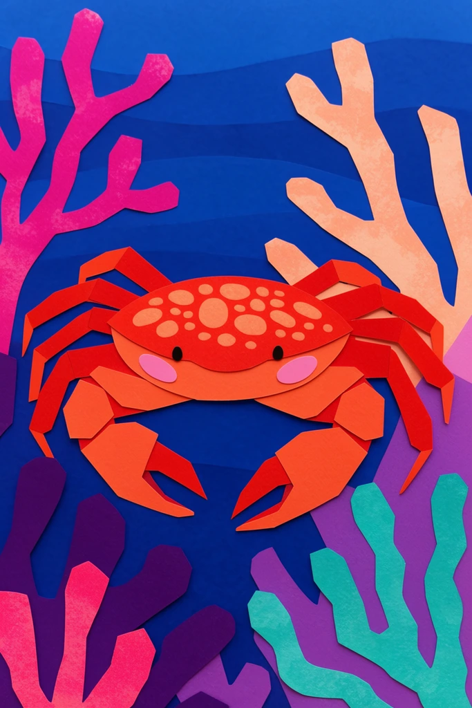 A bright red-orange crab centers a flat paper cut-out style illustration. The crab has an oval carapace with lighter orange spots, tiny black eyes, pink cheeks, and large angular folded claws. Vibrant, geometric coral and seaweed silhouettes frame the crab in magenta, deep purple, peach, and bright teal. These organic overlapping forms sit against a deep blue background with subtle horizontal wave bands. The piece features bold color blocking and slight grainy textures on the colored shapes.