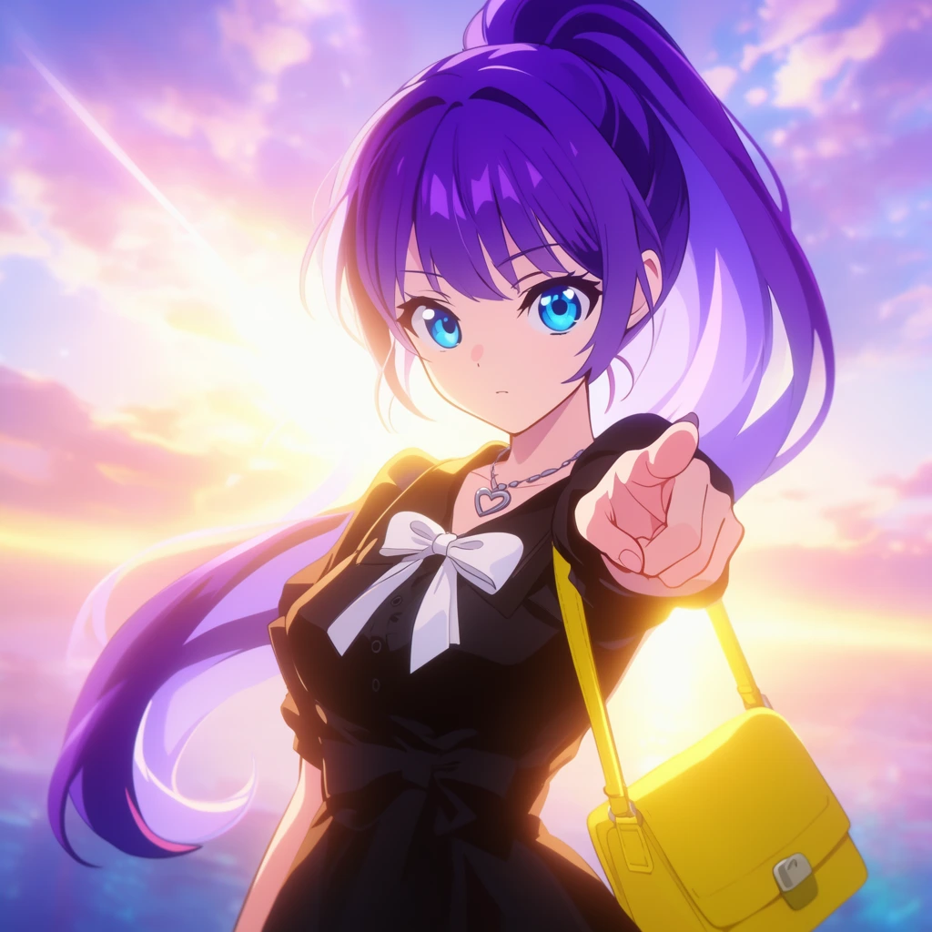 Anime girl pointing directly at viewer, purple hair in high ponytail, blue eyes, black dress, white bow, heart pendant, yellow shoulder bag, glowing backlit sky, sun glare, anime style