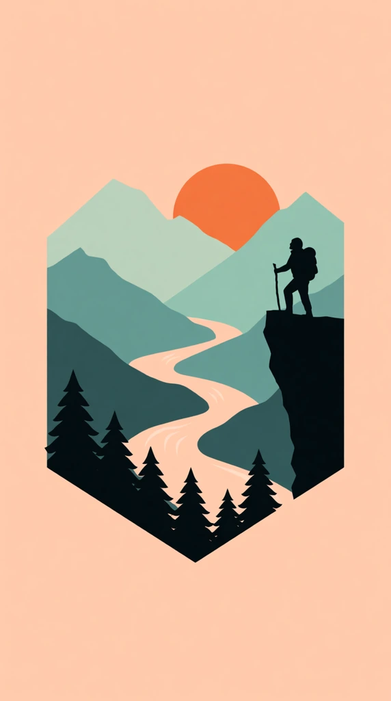 minimalist vector illustration of a mountain landscape enclosed in a geometric badge shape, solid light peach background, dark silhouette of a hiker with a backpack and walking stick standing on a steep cliff edge, black pine tree silhouettes anchoring the bottom, winding peach river cutting through layered mountains in muted teal and mint green, large solid orange sun resting behind distant peaks, flat graphic design, clean edges, limited color palette