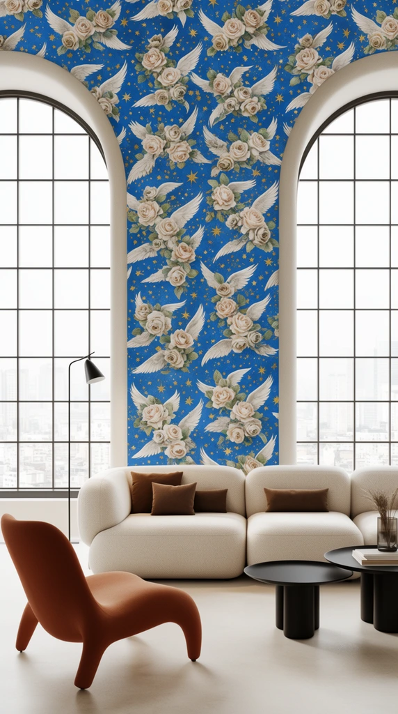 modern interior living room, central architectural archway covered in vibrant blue wallpaper patterned with pale roses golden stars and white wings, flanked by two large arched grid windows showing a bright hazy cityscape, puffy cream modular sofa with brown accent pillows, curved terracotta lounge chair, slender black floor lamp, round black coffee tables, light floor, soft diffused natural daylight, high-end architectural photography, photorealistic