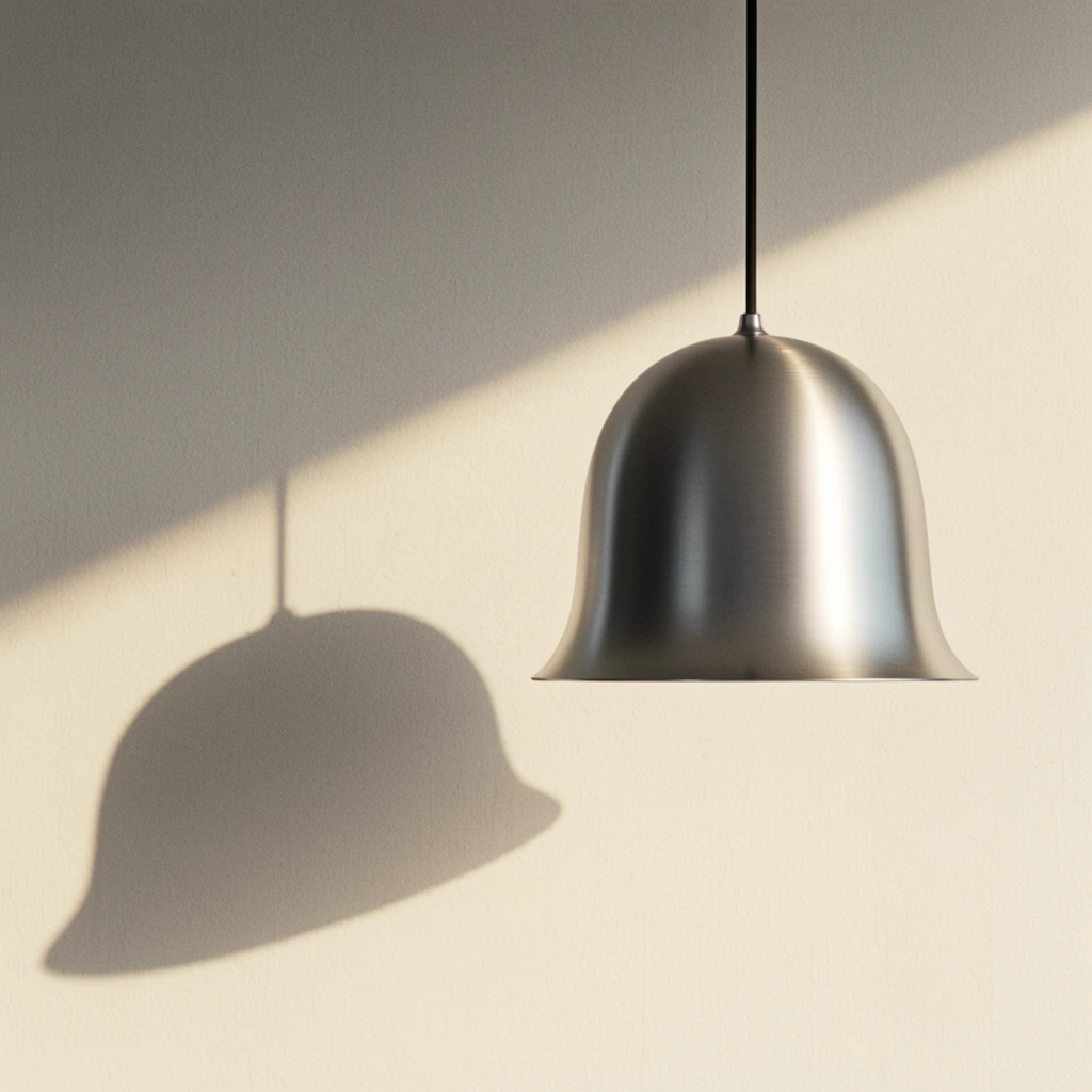 A sleek, bell-shaped metallic pendant lamp suspended against a textured off-white wall by a thin black cord. The fixture features a smooth brushed steel finish with a gently flared dome. An angled light source from the upper right illuminates the lamp's curved surface, casting a crisp, elongated shadow of the dome and cord onto the wall to the left. This directional sunlight creates a stark diagonal boundary across the background, splitting the wall into a luminous warm beige plane and a darker shadowed region. The minimalist composition emphasizes negative space, geometric simplicity, and the high-contrast interplay between physical form and shadow, captured with photorealistic clarity and a subtle photographic grain.