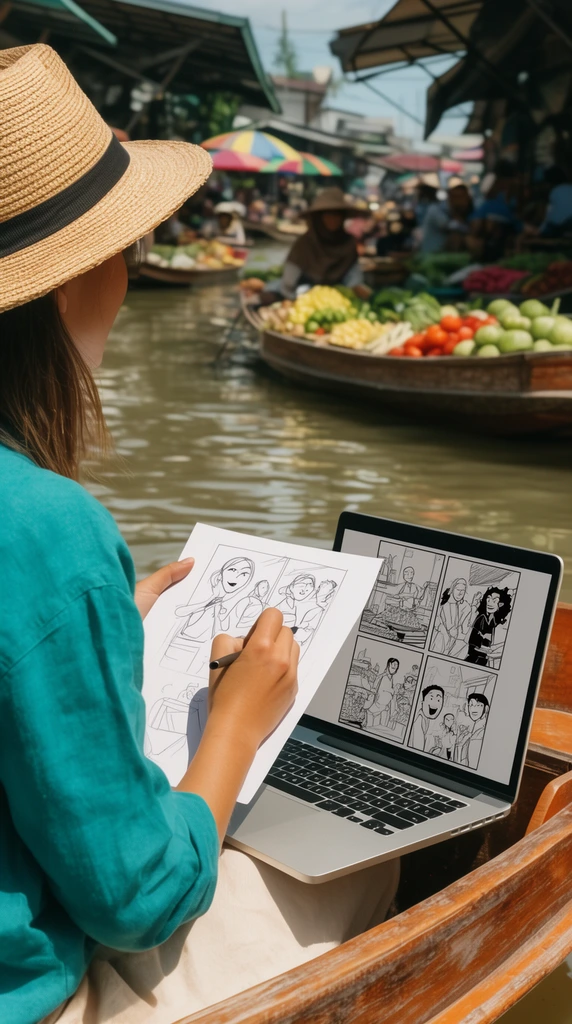 A woman in a straw hat and teal shirt sits in a wooden boat, sketching on paper beside a silver laptop displaying black-and-white comic panels. The sunlit setting is a vibrant floating market on a canal. The softly blurred background reveals vendors selling produce from boats. Bright, saturated lifestyle photography.