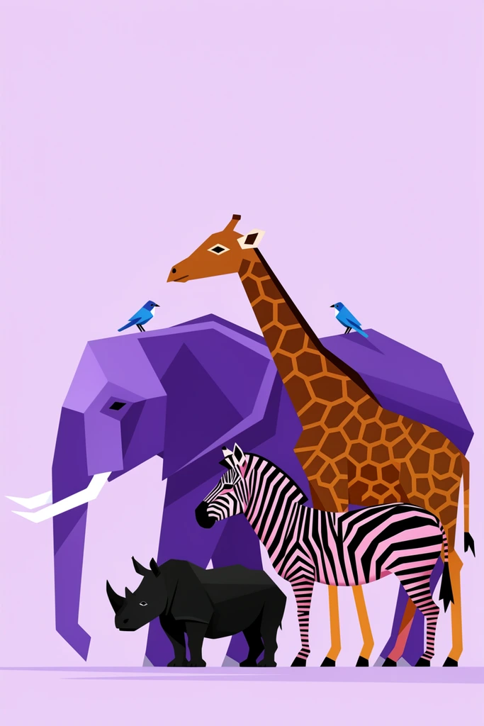 stylized geometric vector illustration of an animal herd, large faceted purple elephant with angular forms and white tusks, tall brown and orange patterned giraffe, black and pink striped zebra, small black rhinoceros, two blue birds perched atop the larger animals, solid pastel lavender background, flat design aesthetic, sharp polygonal shapes, modern minimalist graphic art, side profile composition, all animals facing left, subtle horizontal purple ground shadow