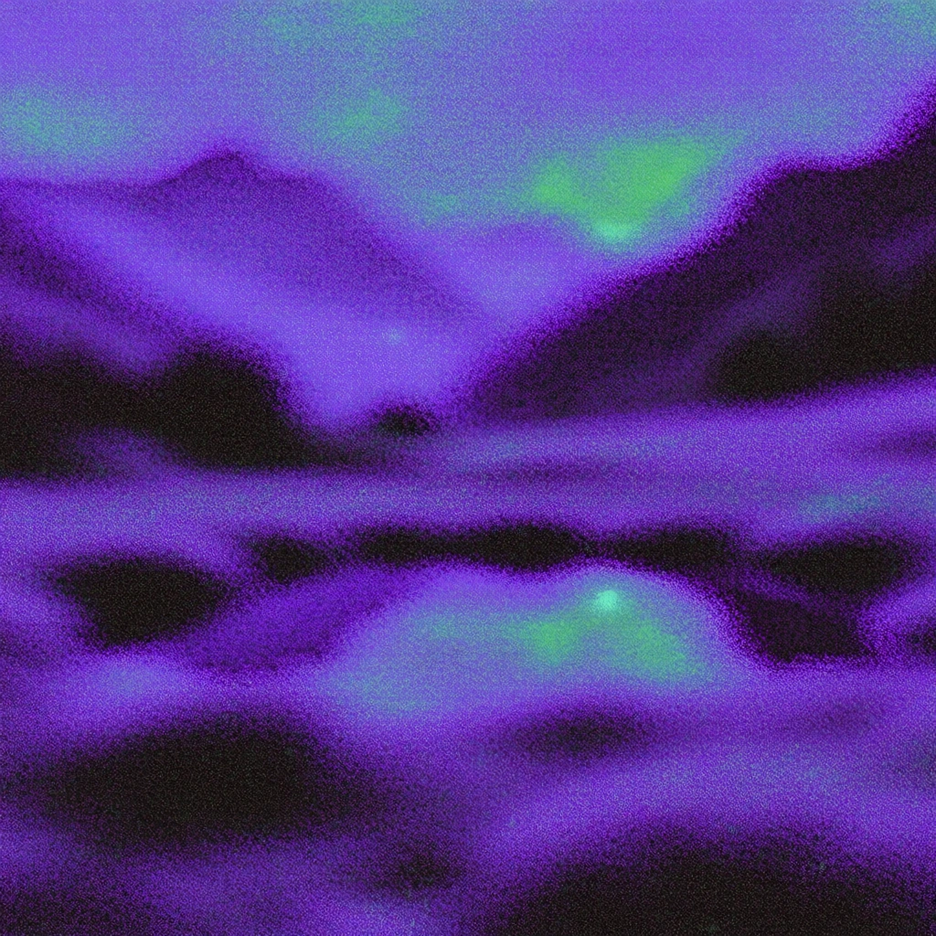 ultra-lo-fi digital glitch aesthetic, heavy granular noise and stippled texture, vibrant neon purple and acid green color palette with deep black shadows, wide landscape composition of a valley floor featuring a central pond and distant mountain silhouettes, blurred dreamlike forms, textured pointillism, halftone-adjacent dithering, acidic neo-psychedelic atmosphere, lo-fi grit, ethereal glowing highlights, abstract grainy landscape with high contrast and saturated hues.