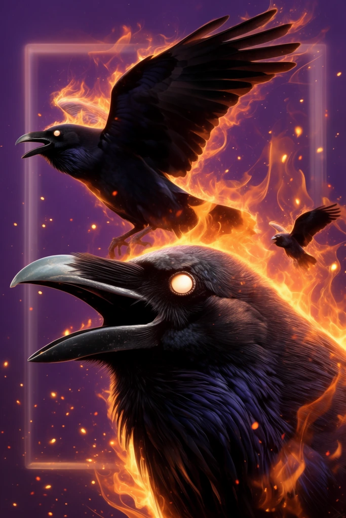 three black ravens enveloped in intense orange flames, large foreground raven head with open beak and glowing eye, second raven mid-flight with extended wings, faint luminous rectangular frame, deep purple background, floating golden embers, swirling sparks, high-contrast surreal fantasy digital art