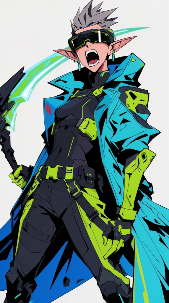 Lean athletic elven warrior, sharp angular anime style, flat cell shading, dynamic aggressive posture, screaming expression, futuristic cyberpunk trench coat, neon cyan and lime green tactical gear, glowing energy scythe, high-tech visor, bold black outlines, jagged clothing folds, stark white background