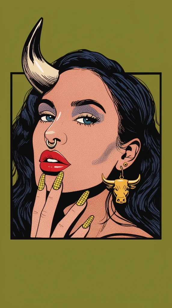 A pop art illustration of a woman with a single curved bull horn on her head. She features dark wavy hair, red lips, a septum ring, a gold bull-shaped earring, and long yellow checkered nails touching her chin. Framed in a black square over an olive green background, the portrait uses bold black outlines and vintage comic halftone dot shading.