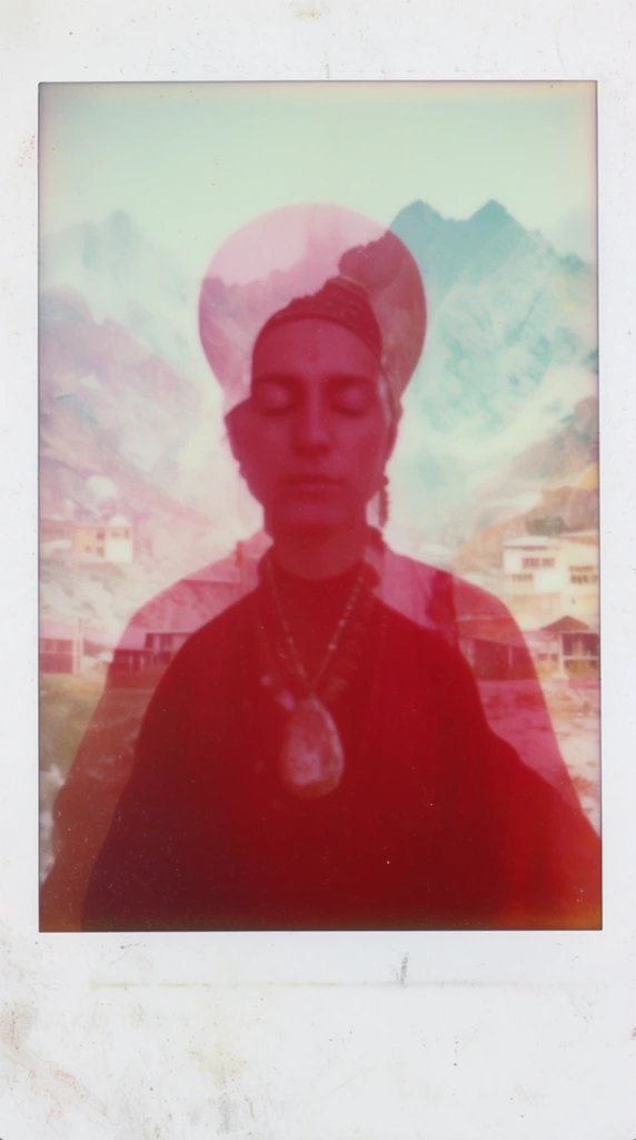 A vintage Polaroid instant film photograph framed by a thick, slightly smudged white physical border, utilizing a distinct double-exposure visual effect. In the foreground, a bold, semi-translucent, deep reddish-magenta overlay depicts a person with closed eyes wearing a tall curved headdress and a necklace with a large pendant. This highly saturated crimson figure overlaps a second, slightly overexposed background layer featuring jagged mountains and small buildings. The background scene is rendered in muted, washed-out pale cyans, hazy whites, and faded warm tones. The overall composition features a soft diffused focus, noticeable analog film grain, and a hazy atmospheric rendering with visible lo-fi analog film artifacts.