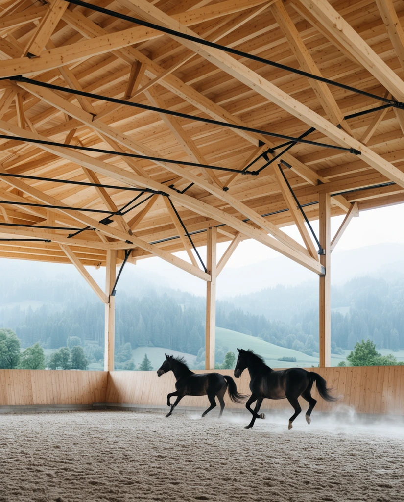 Two dark horses gallop across a sandy equestrian arena beneath a vast open-air timber roof. Intricate light-wood trusses and black metal tie rods span the expansive ceiling. Dust plumes trail behind the horses. The open structure frames a misty backdrop of rolling green hills and dense alpine forests under soft, diffused natural daylight.