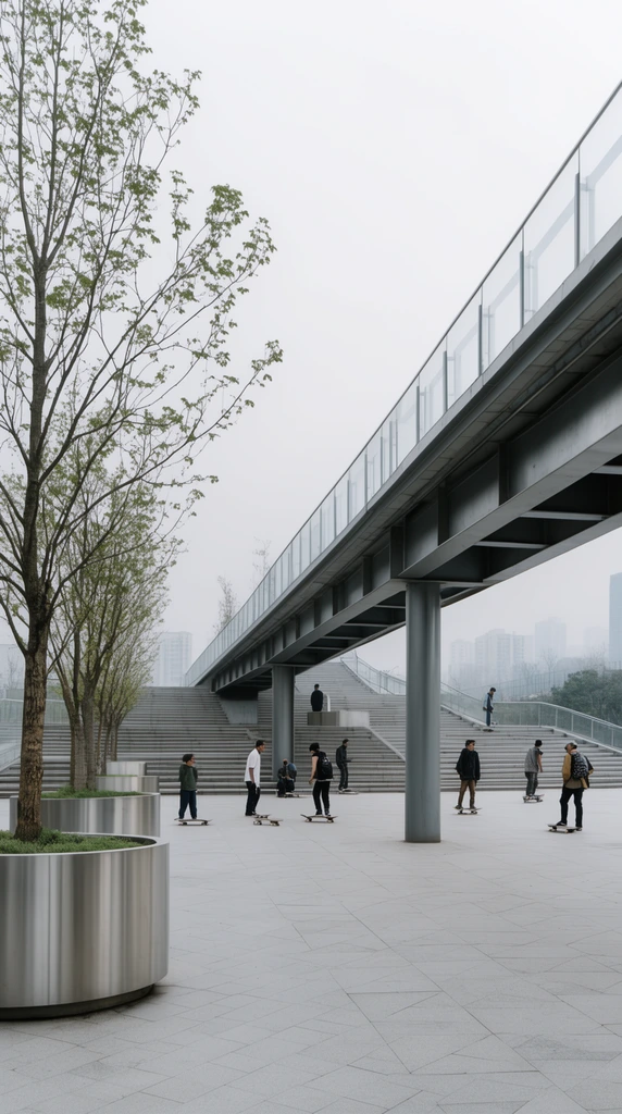 A wide urban plaza bisected diagonally by an elevated pedestrian walkway resting on thick steel columns. Skateboarders gather on the light gray pavement and broad stairs. Large stainless-steel planters with young trees line the left foreground. The walkway's glass balustrades lead toward hazy distant high-rises under a flat, overcast sky, captured with wide-angle architectural photography.