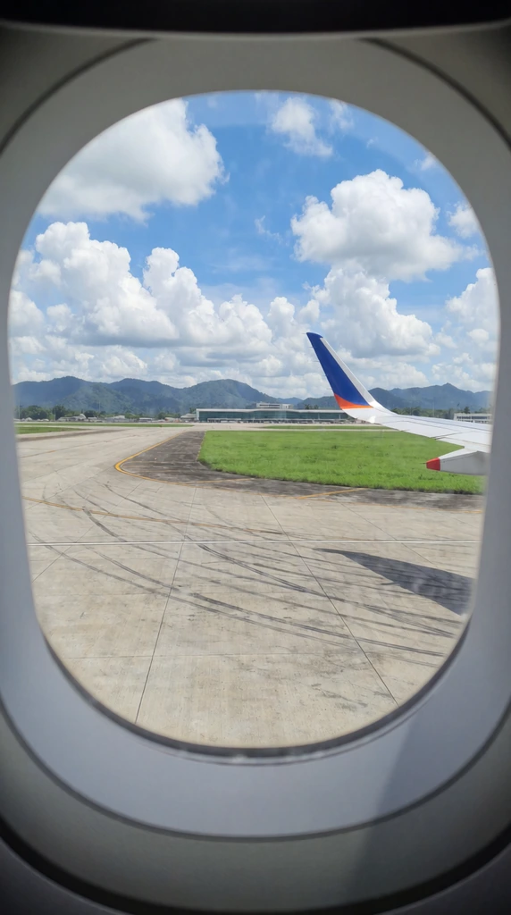 An oval airplane window frames a view of an airport tarmac under a bright blue sky filled with fluffy white cumulus clouds. The interior wall surrounding the window is a flat, matte light gray. Through the glass, a wide expanse of light gray concrete runway marked with faded black tire tracks and a yellow line stretches towards the background. To the right of the concrete is a vibrant green grassy area. Part of a white airplane wing with a blue and orange tip and red accents on the engines is visible on the right side of the view. In the distance, an airport terminal building sits near the base of rolling, dark green mountains against the horizon. The lighting is natural and bright, capturing a clear daytime scene.
