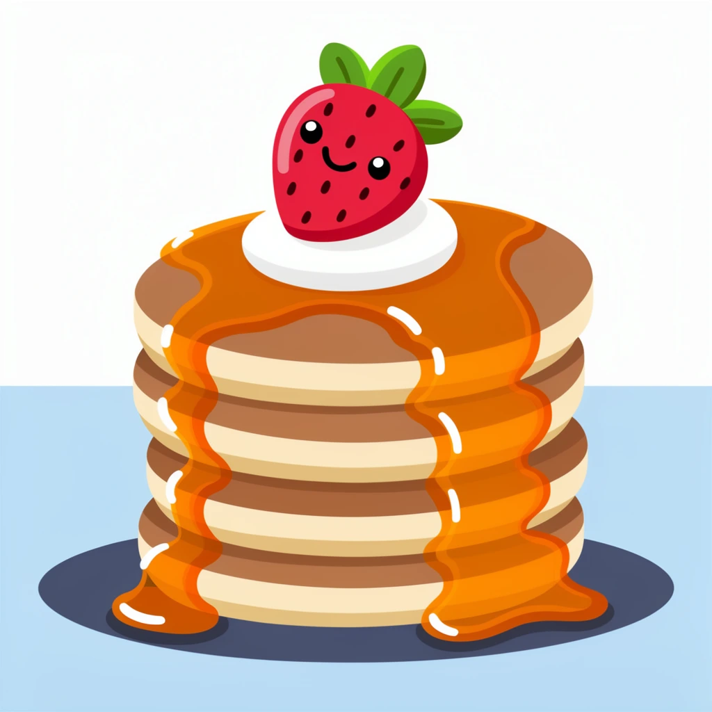 A tall stack of five staggered pancakes is generously drizzled with amber syrup and crowned with a white cream dollop and a smiling anthropomorphic strawberry. The bright red strawberry features black seeds, three green leaves, two black dot eyes, and a cheerful curved smile. It rests atop the flat-shaded pancakes, which have light tan edges and darker brown tops. Glossy orange-amber syrup cascades down the sides, forming bright pools with crisp white highlights. The stack sits on a dark slate-blue oval base against a split background of a light blue lower surface and a stark white upper space. The artwork is a clean 2D flat vector illustration in a kawaii aesthetic, utilizing solid color blocks and crisp edges without outlines.