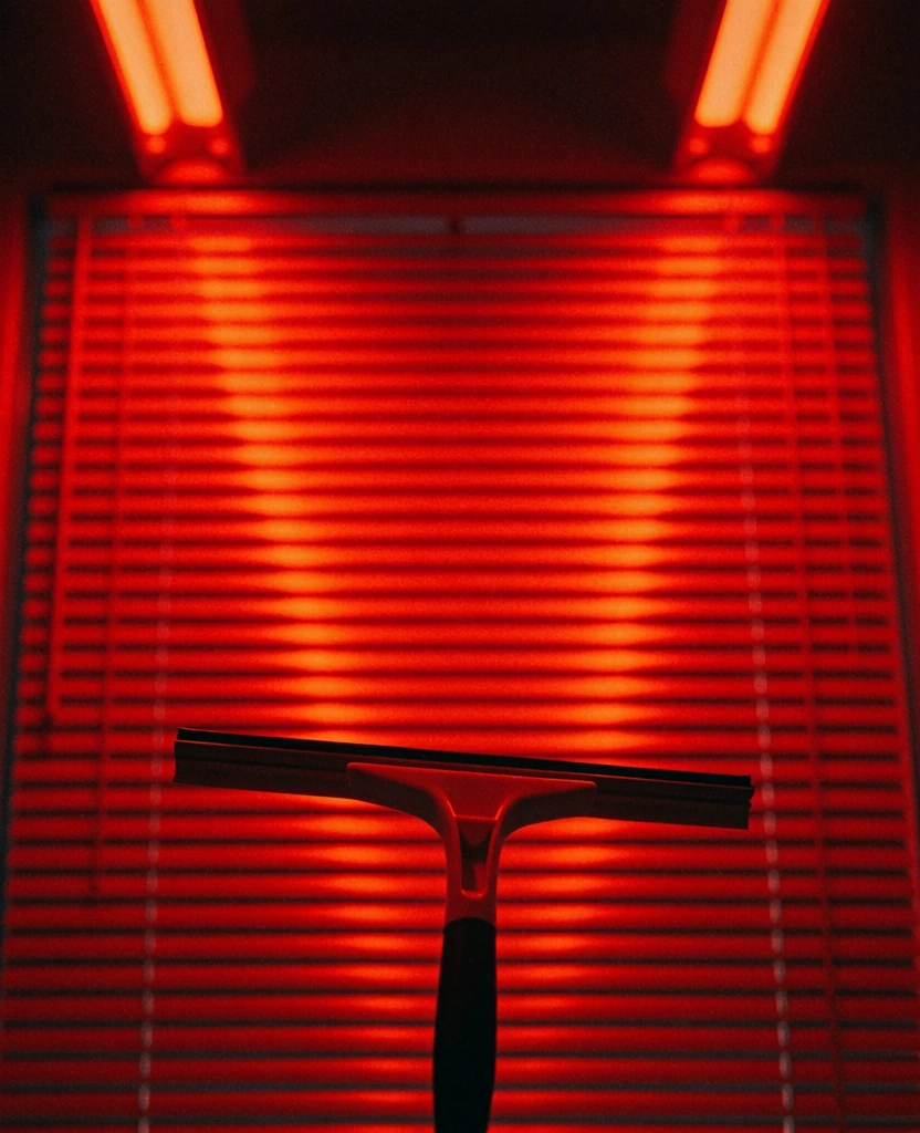 low-angle shot, intense red monochromatic lighting, heavy film grain, cinematic analog aesthetic, a single squeegee positioned centrally in the foreground, background filled with closed horizontal window blinds, harsh overhead geometric neon tube lighting casting deep shadows, lo-fi underground club atmosphere, high contrast, soft blur on the slats, saturated red palette, gritty texture, moody composition with sharp highlights on the squeegee’s silhouette against the textured blinds.