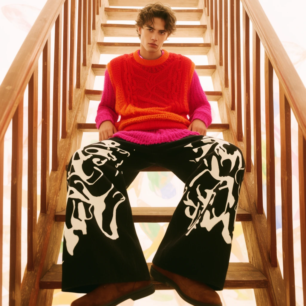 fashion editorial portrait of a young man sitting on an open wooden staircase, wearing vibrant layered knitwear in red orange and fuchsia, extremely wide-leg black pants with bold white abstract graphics, brown shoes, relaxed pose with legs spread wide, low camera angle, warm diffused lighting, overexposed bright background with faint abstract shapes