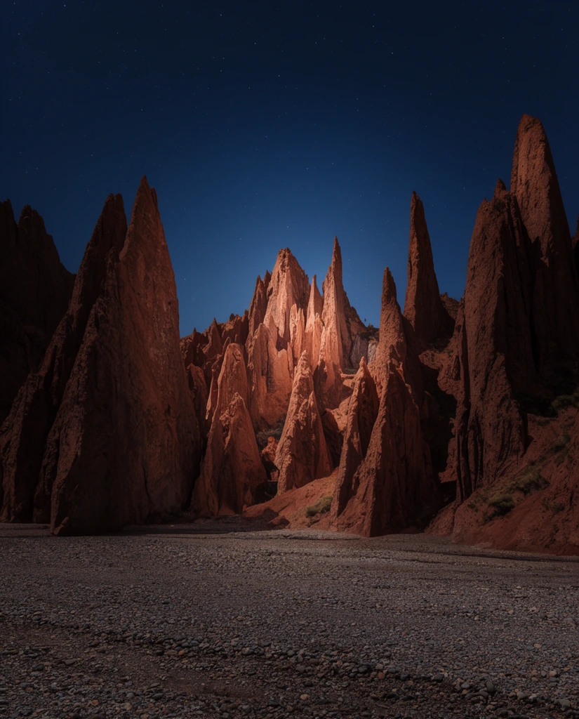 jagged rock spires, towering red-brown stone pinnacles, flat pebbled valley floor, spotlight-illuminated central peaks, deep shadows, dark blue night sky with scattered stars, long exposure landscape photography
