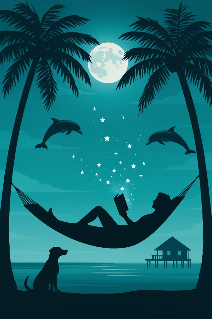 silhouette of a person reading in a hammock between palm trees, stars floating from book, dog silhouette sitting below, leaping dolphins, distant stilt house, full moon, monochromatic teal palette, flat vector illustration