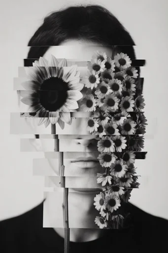 Monochrome Glitch Fragmentation style reference image — minimalist studio aesthetic