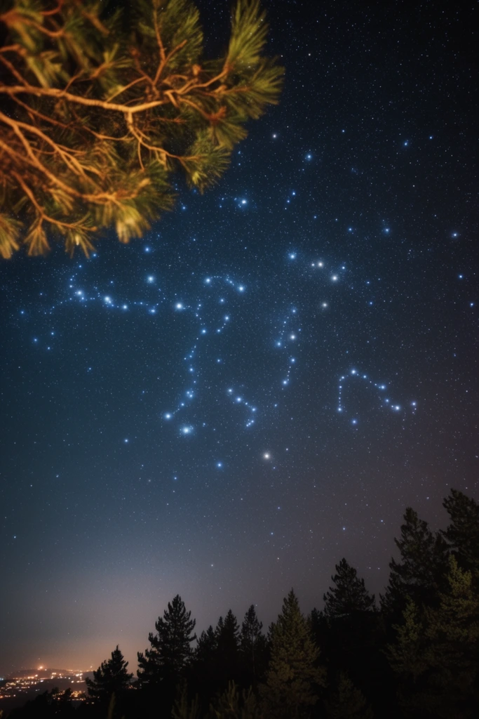 starry night sky, bright stars and constellations, long exposure astrophotography, warm illuminated pine branch in top left foreground, dark blue and black cosmic gradient, silhouetted evergreen treeline along the bottom edge, faint warm city lights glowing on the lower left horizon, low angle upward perspective, deep space background contrasting with earthly flora