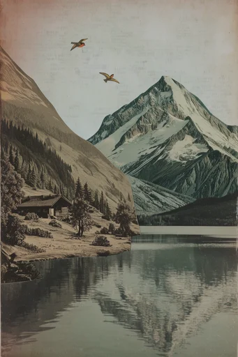 Nostalgic Surrealist Collage style reference image — analog paper collage