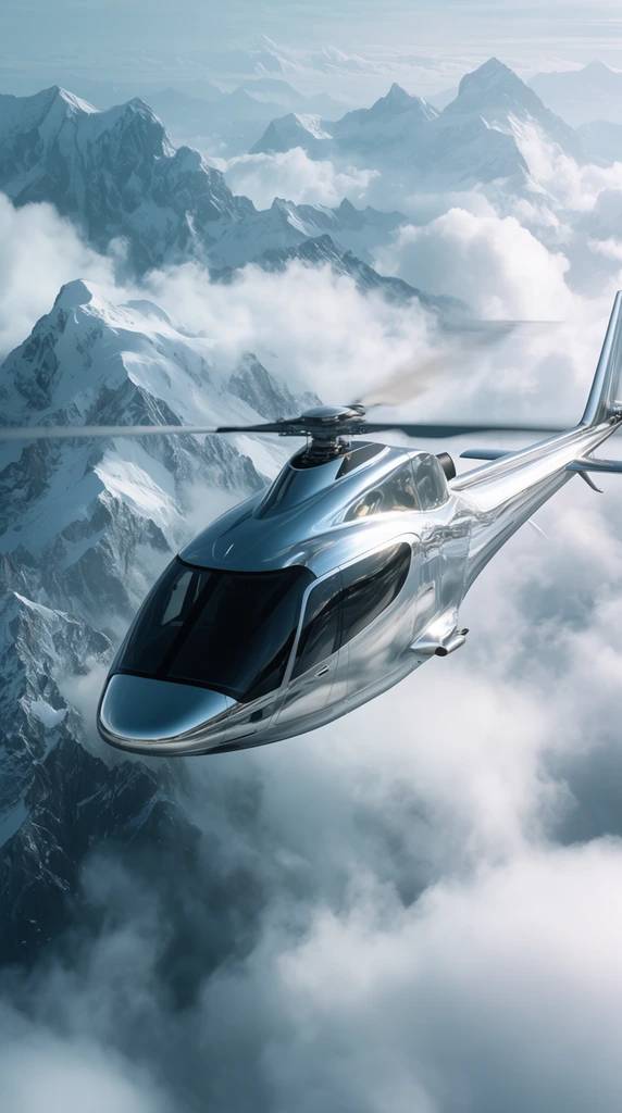 A sleek, metallic silver helicopter in mid-flight above a dramatic alpine landscape. The aircraft features a highly reflective, aerodynamic fuselage with dark tinted cockpit windows and a blurred spinning main rotor. Rugged, snow-capped mountain peaks pierce through a dense layer of volumetric white clouds beneath and behind the aircraft. The cinematic composition emphasizes cool tones of icy blue and bright white, with sharp focus on the gleaming metallic surface contrasting against the sprawling high-altitude environment.