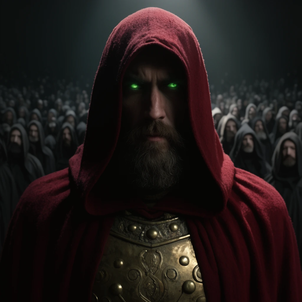 bearded man with glowing green eyes in a heavy crimson hooded cloak, brass chest plate, vast crowd of robed figures in the dark background, stark overhead cinematic lighting, dramatic shadows, shallow depth of field