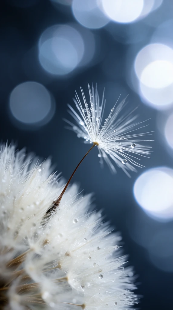 A macro photograph captures a single dandelion seed detaching from a dense seed head against a dark slate-blue backdrop of glowing circular bokeh. The sharply focused seed features a thin, curving brown stem leading to a parachute of fine white filaments. Tiny spherical water droplets cling to these delicate hairs. In the lower-left foreground, the remaining dandelion seeds form a softly blurred mass of textured white fluff dotted with microscopic moisture. The background is filled with large, overlapping, out-of-focus circular light flares in pale blue and bright white. Extreme shallow depth of field isolates the intricate details of the central seed within a cool-toned, atmospheric environment.