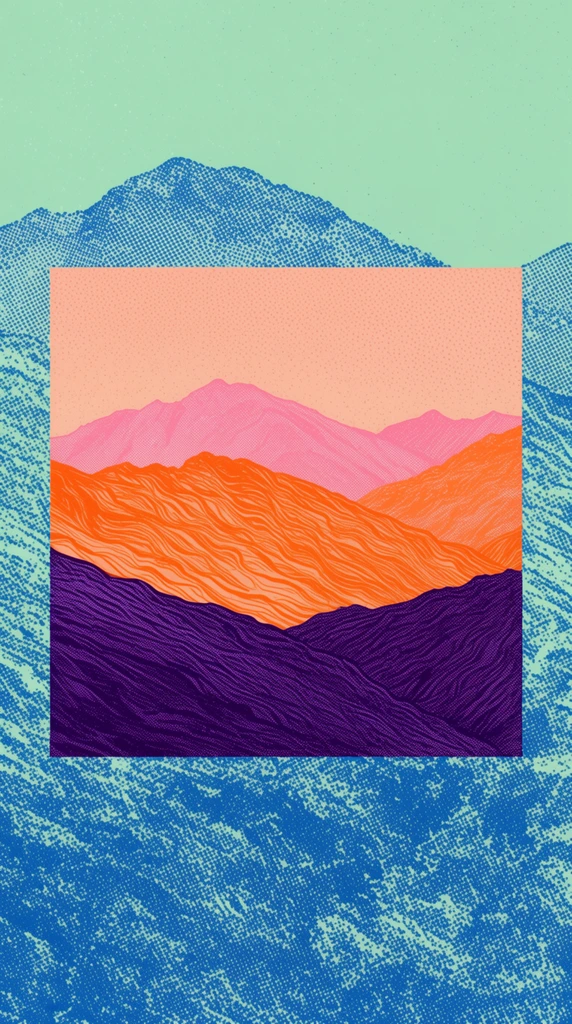 A retro landscape illustration of layered mountains rendered with heavy halftone dots and line patterns. A central rectangular inset features deep purple foreground hills, vibrant orange midground ridges with wavy textures, and pink distant peaks against a peach sky. The inset rests on a mint-green background layered with a blue, distressed halftone mountain texture, creating a distinct screen-printed aesthetic.