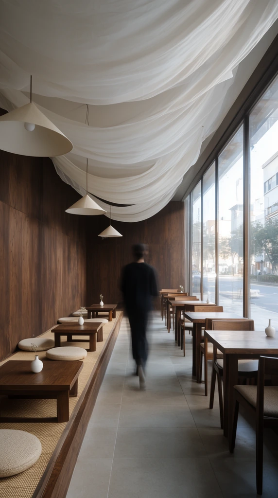 A long, minimalist cafe interior featuring dark wood-paneled walls and expansive floor-to-ceiling windows. Gently billowing white fabric drapes across the ceiling, suspending shallow cone-shaped pendant lights. Low square tables sit on raised woven mats alongside round floor cushions and small white vases. Wooden tables line the sunlit glass wall, revealing an urban street scene. A blurred figure in dark clothing walks down the central tiled aisle, emphasizing the strong one-point linear perspective. The architectural photography captures soft natural side lighting and a calm, modern aesthetic.