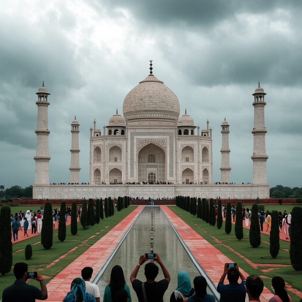 A symmetric white marble mausoleum with a central dome and four minarets anchors a long reflecting pool. Red pathways, manicured lawns, and columnar trees flank the water, where numerous tourists gather. In the foreground, visitors take photos with smartphones. The grand architecture features large arched entryways under a heavy overcast sky.