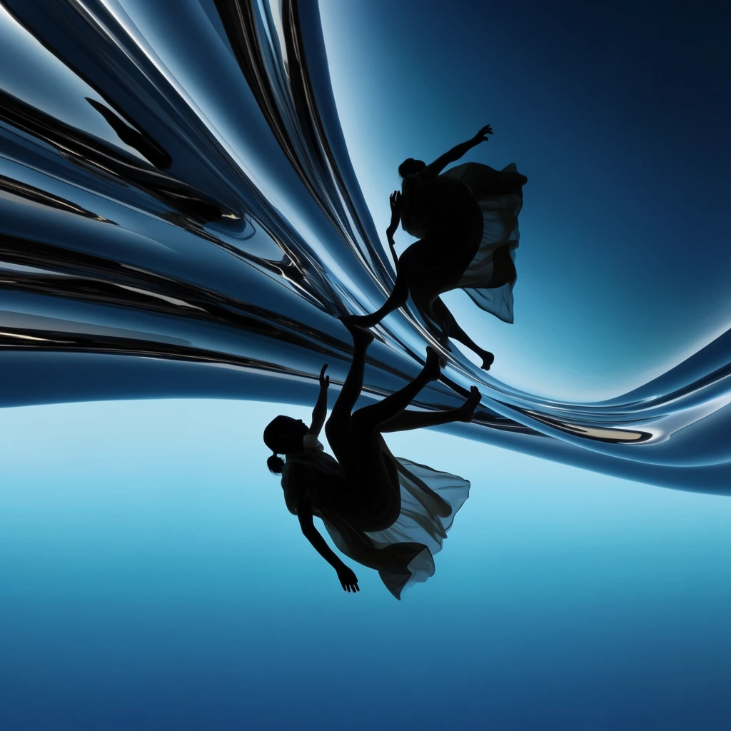 An inverted silhouette of a figure clinging beneath a massive, highly reflective, sweeping metallic structure. The person wears flowing garments, mirrored perfectly on the polished, aerodynamic surface above. A seamless cyan-to-deep-blue gradient background isolates the sleek curves, establishing a surreal, futuristic composition defined by stark contrast, sleek reflections, and a disorienting sense of gravity.