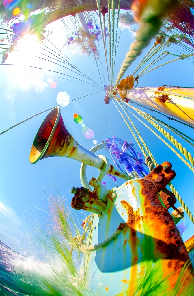 extreme low-angle worm’s-eye perspective looking vertically upward at a weathered industrial ship’s horn facing left, framed by blurred vertical rigging and ropes, dominated by an expansive and vibrant cerulean sky, high-chroma color palette of saturated orange rust and electric primary tones, blindingly bright high-key daylight with ethereal lens flares, wide-angle barrel distortion, soft-focus sea spray mist, hyper-vivid dreamlike atmosphere, airy composition.